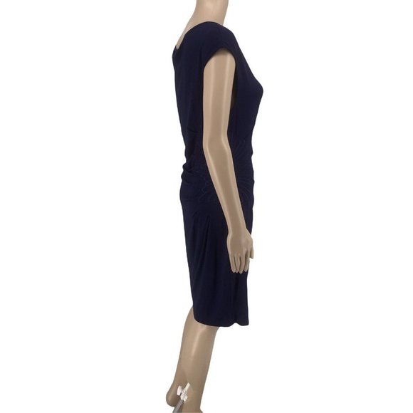 Catherine Maladrino Midi Sheath Dress L Cap Sleeve Embroidery Navy Blue Stretchy - Picture 3 of 9